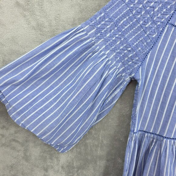 Free People Lola Embroidered Mini Dress S Blue White Stripes Cutout Back Tassels - Picture 5 of 14